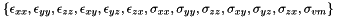 $ \{ \epsilon_{xx}, \epsilon_{yy}, \epsilon_{zz}, \epsilon_{xy}, \epsilon_{yz}, \epsilon_{zx}, \sigma_{xx}, \sigma_{yy}, \sigma_{zz}, \sigma_{xy}, \sigma_{yz}, \sigma_{zx}, \sigma_{vm} \} $